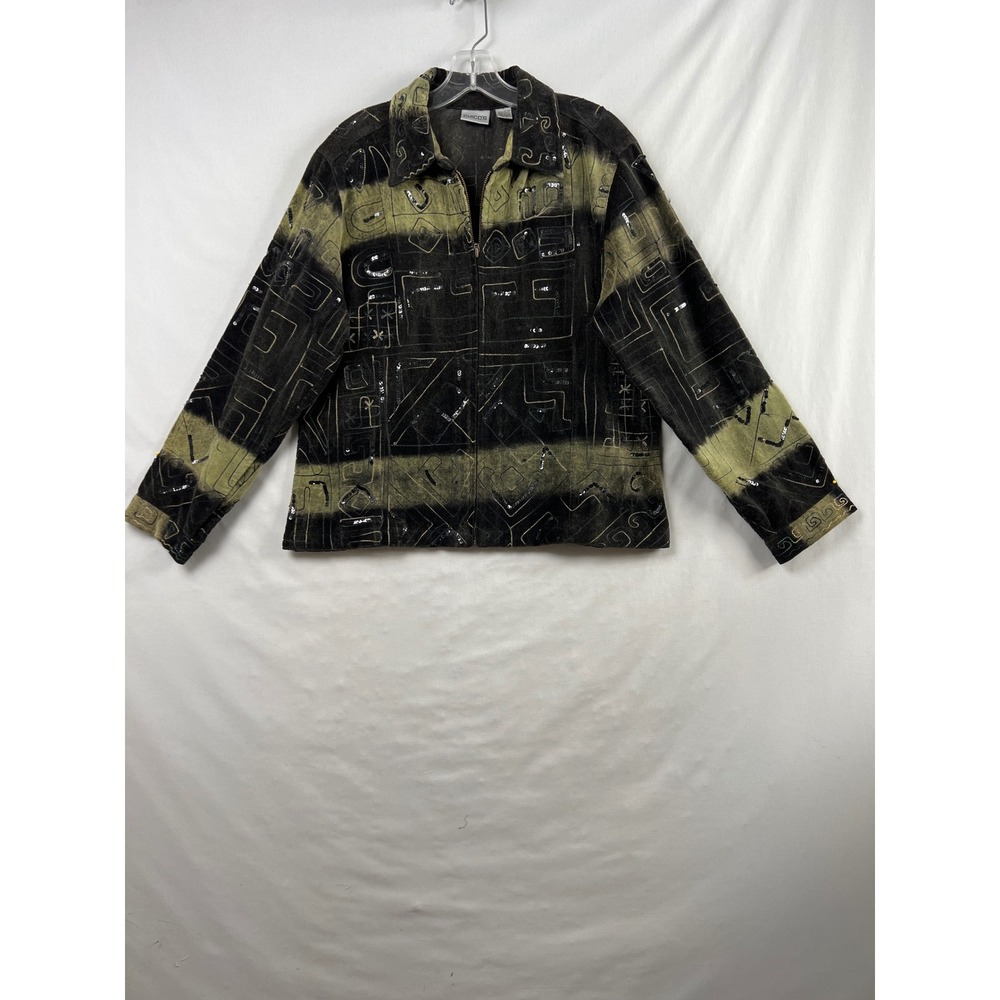 Chico's Zip Up Jacket Women 2 Lg Black Olive Green Sequin Embroidered Art Wear